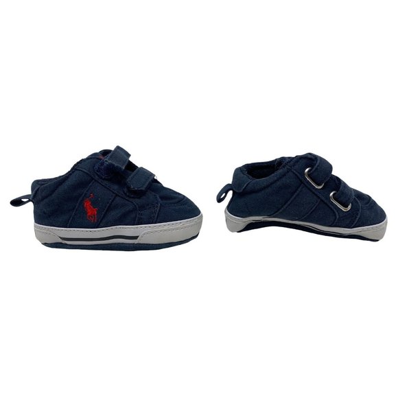 Baby Crib Shoes Polo Ralph Lauren Hook Loop Horse Logo Shoes  Navy Blue Red USA - Picture 5 of 9